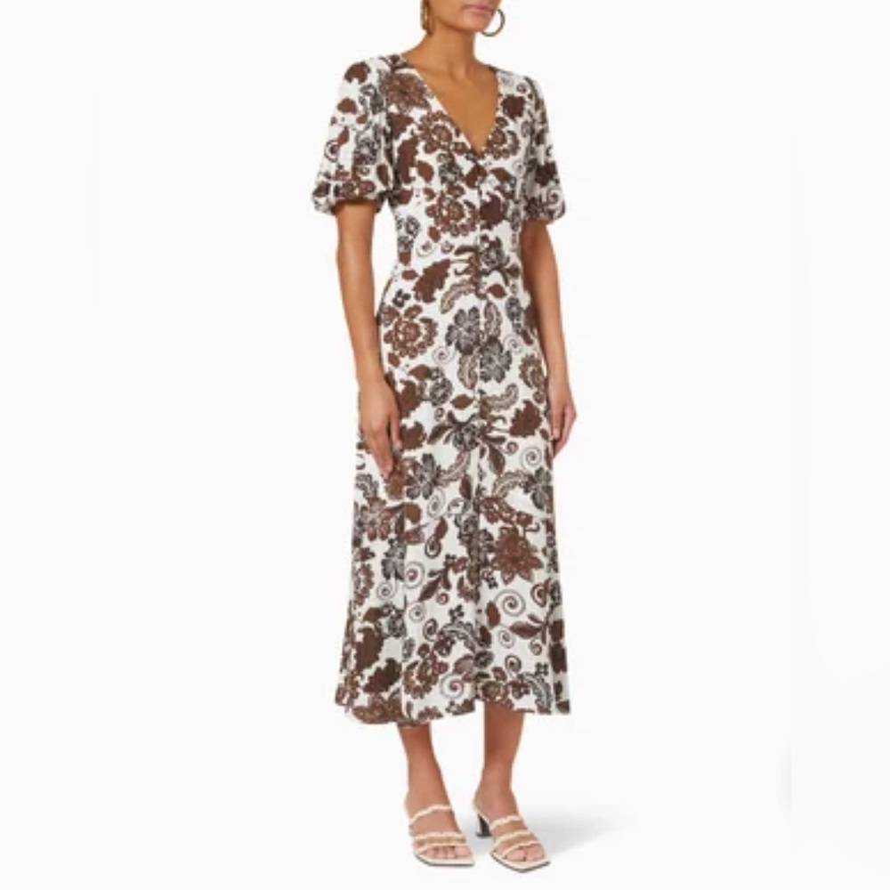 MINKPINK Amara Midi Linen Blend Dress in Chocolate Brown and White. Size S.